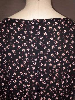 Loft, Black, Dusty Pink, Coral Pink, Camel Brown, White, Polyester, Abstract , Crew Neck, Ruffle Bottom, Sleeveless, Button Up Back