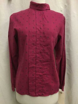 JAMES RIVER TRADERS, Magenta Purple, Black, Orange, Cotton, Paisley/Swirls, Magenta Purple, Black/ Orange Paisley Print, Folded Mock Neck with Shoulder Button Detail, Long Sleeves, Pleated Center Front,