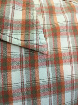 AMERICAN EAGLE, Orange, Off White, Gray, Red-Orange, Cotton, Plaid, Short Sleeve Button Front, Collar Attached, 1 Pocket