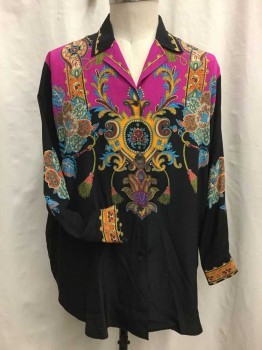 ETRO, Fuchsia Pink, Black, Goldenrod Yellow, Turquoise Blue, Silk, Novelty Pattern, Button Front, Open Collar Attached, Long Sleeves,