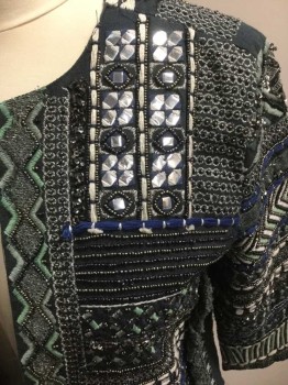 Womens, Casual Jacket, ZARA, Blue, Mint Green, Silver, Pewter Gray, Steel Blue, Polyester, Geometric, Stripes, Large, 2 Hooks and Eyes Center Front,  Seed Beads, Embroidery in Many Patterns, 3/4 Sleeves,