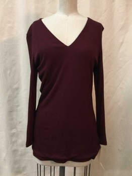 INC, Wine Red, Synthetic, Solid, Wine, Ribbed, V-neck, 3/4 Sleeve