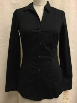H&M, Black, Cotton, Polyester, Solid, Button Front, V-neck, Long Sleeves,