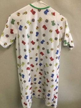 Unisex, Child, Patient Gown, Angelica, White, Red, Green, Yellow, Blue, Polyester, Graphic, L, Teddy Bears & Balls Graphic, Short Sleeve,  Snap Up Shoulders, Snap Down Back