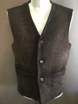 Mens, Historical Fiction Vest, MTO, Dk Brown, Tan Brown, Wool, Polyester, Speckled, 40, Made To Order, 3 Buttons,  2 Pockets, Aged/Distressed, Small Hole Left Side Above Buttons
