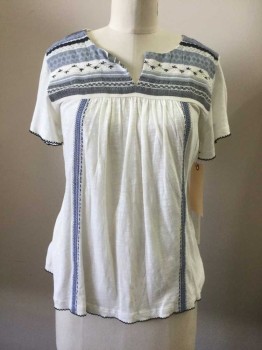 CASLON, White, Lt Blue, Navy Blue, Cotton, Modal, Solid, Stripes - Horizontal , Jersey with Short Fluttery Sleeves, Slit Round Neck in Woven Embroidered Yoke