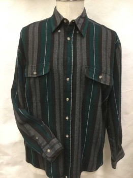 RIVER TRADER, Heather Gray, Dk Brown, White, Green, Orange, Acrylic, Stripes - Vertical , Collar Attached, Button Down, Button Front, Long Sleeves, 2 Pockets W/flap