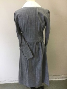 N/L, Slate Gray, White, Cotton, Solid, Turn of Century Maid, Slate Gray Oxford Cloth, Solid White Peter Pan Collar, Long Sleeves, Asymmetric Button Closures to Side Chest, Vertical Pleats at Chest, 5 Button Cuffs, Hem Mid-calf,  Made To Order Reproduction