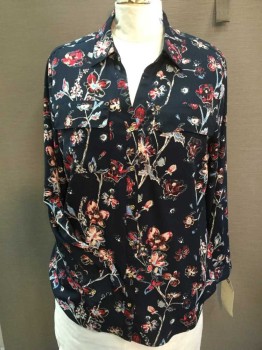 Womens, Blouse, CHARTER CLUB, Navy Blue, Red, Baby Blue, White, Peach Orange, Polyester, Floral, XL, Navy W/red, Baby Blue, White, Peach, Black Floral Print, Collar Attached V-neck, Gold Button Front, 2 Pockets W/flap and Small Studs, Long Sleeves,