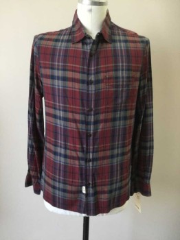 WOOLRICH, Maroon Red, Navy Blue, Green, Yellow, Cotton, Plaid, Button Front, Collar Attached, Long Sleeves, 1 Pocket