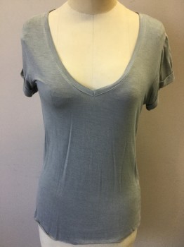 PAIGE, Heather Gray, Sea Foam Green, Rayon, Spandex, Heathered, Heather Sea Foam Gray, Scoop V-neck, Cap Sleeves with Cuff