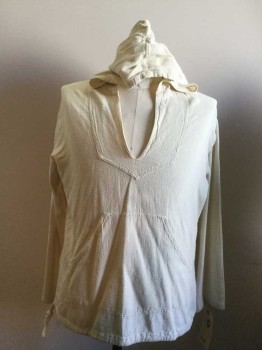 N/L, Cream, Cotton, Solid, Pullover, Hooded, Long Sleeves, Pouch Pocket, Drawstring Waist