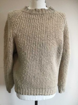 Mens, Pullover Sweater, EDDIE BAUER, Oatmeal Brown, Cotton, Wool, Solid, 46, XLT, Thick Ribbed Knit, CN, Aged/Distressed,