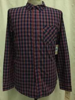 LEVI'S, Raspberry Pink, Navy Blue, Gray, Cotton, Polyester, Plaid, Navy/ Raspberry/ Gray Plaid, Button Front, Button Down Collar, Long Sleeves, 1 Pocket,