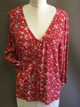 Womens, Top, SANCTUARY, Red, White, Black, Lavender Purple, Rayon, Floral, M, V-neck, Button Loop Front, Long Sleeves, Elastic Ruffle Cuff