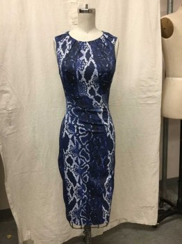 N/L, Navy Blue, White, Polyester, Lycra, Reptile/Snakeskin, Fitted, Pleated Neckline, Black Lace At Back Upper