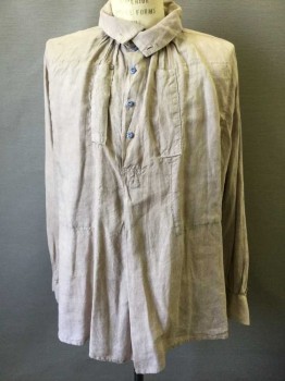 Mens, Historical Fiction Shirt, MTO, Beige, Linen, Solid, L, 2 Pockets Vertical At Chest, Pull Over 6 Buttons Center Front, 2 Are On The Collar, Long Sleeves, 2 Button Cuffs, Box Pleat Center Front At Base Of Placket, Gathers At Back Yoke