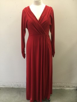 Womens, Evening Gown, TADASHI, Red, Polyester, Spandex, Solid, M, Long Sleeves, Surplice Gathered Top, Back Gathered Towards Center Back, Gathered at Center Front, Zip Back, Gathered Interior Sleeve Seam, Floor Length Hem