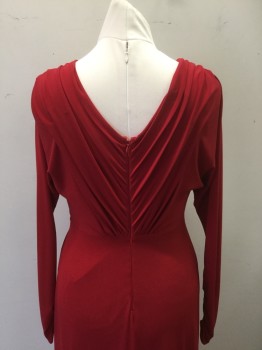 Womens, Evening Gown, TADASHI, Red, Polyester, Spandex, Solid, M, Long Sleeves, Surplice Gathered Top, Back Gathered Towards Center Back, Gathered at Center Front, Zip Back, Gathered Interior Sleeve Seam, Floor Length Hem