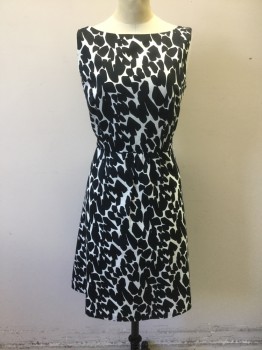 ANN TAYLOR, Black, Cream, Cotton, Polyester, Abstract , Geometric, Black and White Abstract Shapes Pattern, Sleeveless, Bateau/Boat Neck, A-Line Skirt, Hem Below Knee