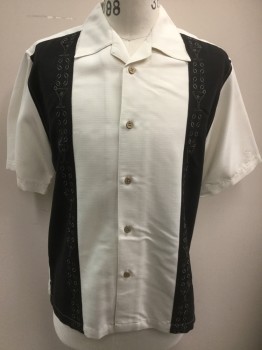 CUBAVERA, Ivory White, Black, Rayon, Polyester, Color Blocking, Novelty Pattern, Button Front, Short Sleeves, Collar Attached, Martini Glasses and Olives Embroidery,