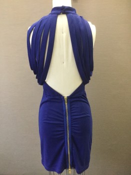 Womens, Cocktail Dress, CARIBBEAN QUEEN, Royal Blue, Polyester, Spandex, Solid, S, Halter Neck with Many Straps That Hang Under Arms, Plunging Open Back, Gold Zipper at Center Back to Hem, Mini Dress