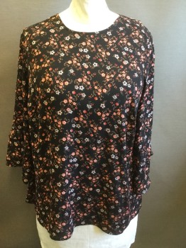 DR 2, Black, Red, White, Brown, Pink, Polyester, Floral, Crew Neck, Pull Over, 3/4 Ruffled Sleeves, Back Button