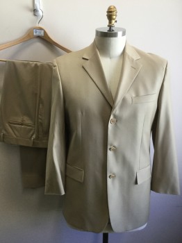 ENZO COLLECTION, Tan Brown, Wool, Solid, Single Pleat,  Button Tab, Gabardine,