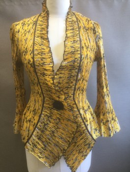Womens, Suit, Jacket, JERRY T, Sunflower Yellow, Navy Blue, Gray, Polyester, Abstract , L, Crinkled Texture Material, Self Ruffled Collar with Oversized Decorative Black Button at Center Front, Hidden Snap Closure, Flared Sleeve Cuffs, No Lining