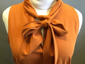 Womens, Shell, THEORY, Rust Orange, Polyester, Spandex, Solid, M, Pull Over, Self Tie Neck, Sleeveless