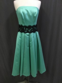 Womens, Cocktail Dress, DESSY COLLECTION, Mint Green, Black, Polyester, Solid, Floral, 6, Strapless, Mint Green with 4" Black Lace Waist Band, Large Pleat Skirt, Zip Back,