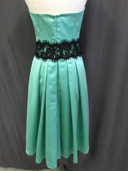 Womens, Cocktail Dress, DESSY COLLECTION, Mint Green, Black, Polyester, Solid, Floral, 6, Strapless, Mint Green with 4" Black Lace Waist Band, Large Pleat Skirt, Zip Back,