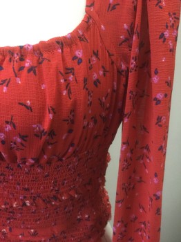 N/L, Red, Navy Blue, Lavender Purple, Polyester, Floral, Red with Tiny Lavender and Navy Floral Pattern, Chiffon, Long Sleeves, Peasant Top, Square Neck with Drawstring at Front with Self Tie, Empire Waist with 3 Rows of Ruching at Waist, Elastic Cuffs with Ruffled Edge, Cropped/Short Length