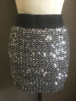 Womens, Skirt, Mini, XXI, Silver, Black, Polyester, Rubber, M, Black Stretchy Knit Covered in Silver Sequins and Silver Fabric Woven Into Knit, 2.5" Wide Black Elastic Waistband