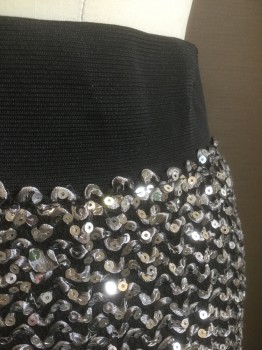 Womens, Skirt, Mini, XXI, Silver, Black, Polyester, Rubber, M, Black Stretchy Knit Covered in Silver Sequins and Silver Fabric Woven Into Knit, 2.5" Wide Black Elastic Waistband
