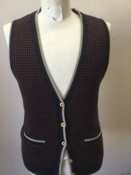 Mens, Sweater Vest, NL, Navy Blue, Brick Red, Gray, Cotton, Check , M, Grey Outline, Navy with Red Small Square Pattern,  Button Front, V-neck, Slit Pockets