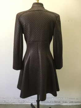 N/L, Brown, Synthetic, Solid, Diamond Quilted, Double Breasted, Band Collar, Long Sleeves, Snap Front, Empire Waist, Gored Back