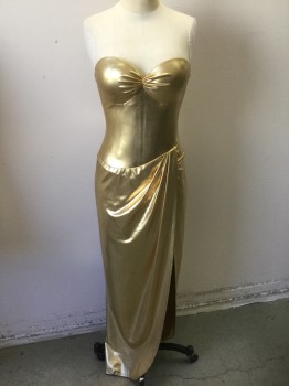 N/L MTO, Gold, Spandex, Nylon, Solid, Gold Metallic Lycra, Strapless, Built Over Strapless Long Line Bra with "Victoria's Secret" Label Inside, Wrapped Drape at Front with Revealing Side Slit, Built in Leotard/Panty, Invisible Zipper at Center Back, Made To Order