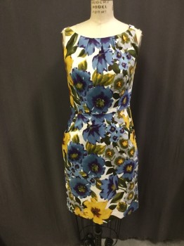 NINE WEST, White, Blue, Purple, Yellow, Lt Gray, Cotton, Lycra, Floral, Jewel Neck with Pleated Detail at Neck. Sleeveless, Fitted, Pencil Skirt