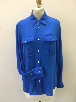Womens, Blouse, RALPH LAUREN, Blue, Silk, Solid, S, Long Sleeves, Collar Attached, Button Front, 2 Pockets with Button Down Flaps