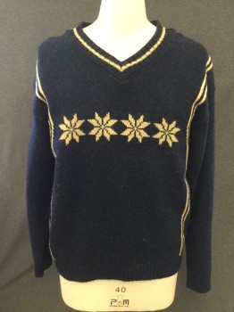 Mens, Pullover Sweater, UNLIMITED QUEST, Navy Blue, Off White, Wool, Acrylic, Holiday, M, Row of off White Snowflakes Across Chest, Ribbed Knit V-neck, Stripes Down Sides, Long Sleeves, Ribbed Knit Cuff/Waistband