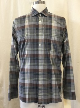 BILLY REID, Gray, Lt Green, Dk Green, Brown, Cotton, Plaid, Button Front, Collar Attached, 1 Pocket, Long Sleeves,
