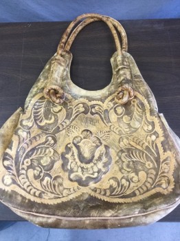 Womens, Purse, LOPEZ, Yellow, Brown, Leather, Floral, OS, Shoulder Bag, Two Handles, Embossed Floral Design, Dirty