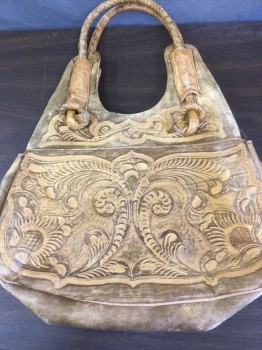 Womens, Purse, LOPEZ, Yellow, Brown, Leather, Floral, OS, Shoulder Bag, Two Handles, Embossed Floral Design, Dirty