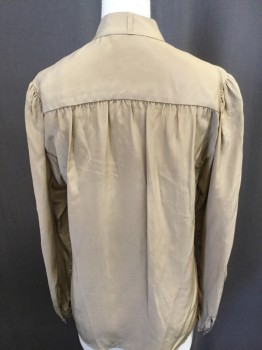 PRIVATE COLLECTION, Khaki Brown, Silk, Solid, Band Collar,  Long Sleeves, Button Front, Hidden Placket, Gathered Back Yolk