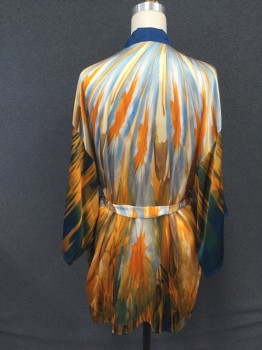Womens, SPA Robe, N/L, Orange, Royal Blue, Green, Lt Blue, Gray, Silk, Abstract , O/S, Abstract Pattern, Short Robe, Open Front, Short Wide Sleeves, Solid Blue Lapel, Self Belt, Belt Loops