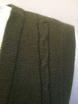 Mens, Sweater Vest, CELITAS, Olive Green, Wool, Solid, Cable Knit, XL, Cardigan Button Front, V-neck, 2 Patch Pockets, **Barcode in Tricky Spot Behind Pocket