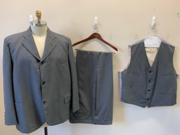 SIAM COSTUMES, Gray, Lt Gray, Wool, Stripes - Pin, Single Breasted, 3 Buttons,  Notched Lapel, 3 Pockets,