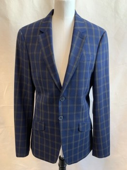 TOPMAN, Navy Blue, Brown, Gray, Polyester, Viscose, Grid , Single Breasted, Collar Attached, Notched Lapel, 3 Buttons