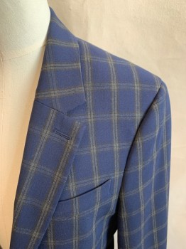 TOPMAN, Navy Blue, Brown, Gray, Polyester, Viscose, Grid , Single Breasted, Collar Attached, Notched Lapel, 3 Buttons